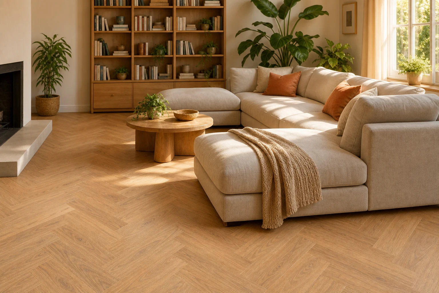 Interior illustration from the Dubovy Yar presentation, showing warm oak flooring in a sunlit living room